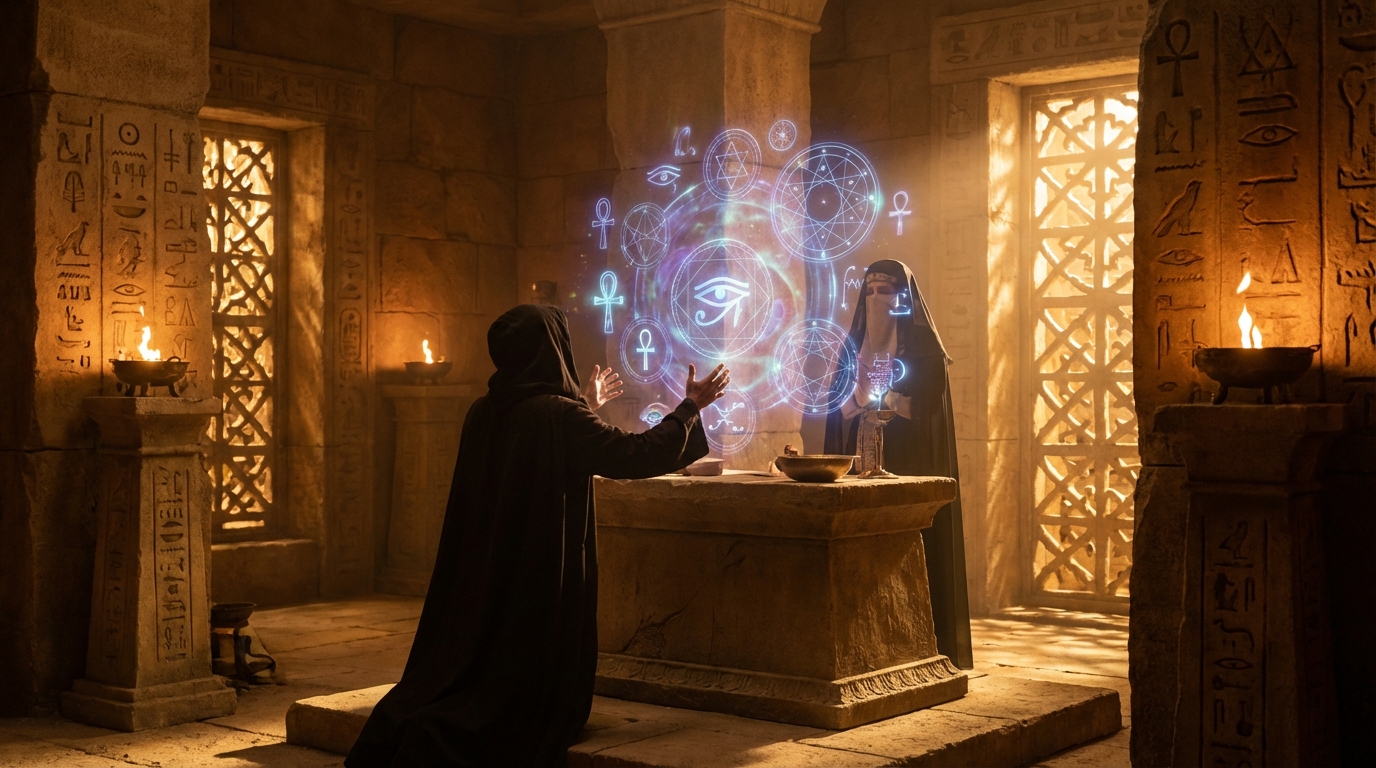 A collection of ancient sacred instruments including an astrolabe, wand, and alchemical vessels