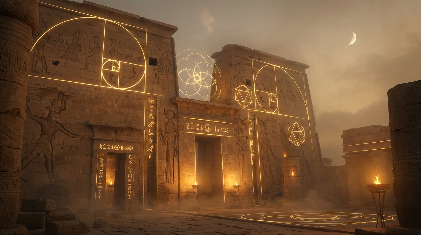 Ancient temple architecture aligned with sacred geometry proportions and cosmic symbolism